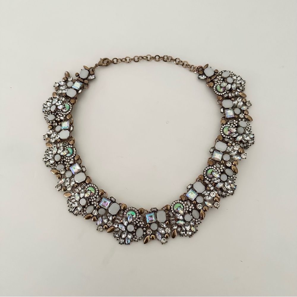 Crystal Rhinestone Statement Bib Collar Choker Necklace - White and Iridescent
